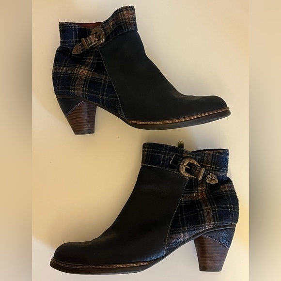 L'artiste Spring Step Scottala Navy Leather Zip Plaid Ankle Boots 42 - Picture 16 of 17